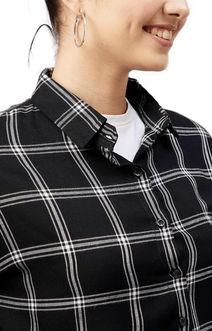 Women's Black and White Viscose Checked Crop Shirt