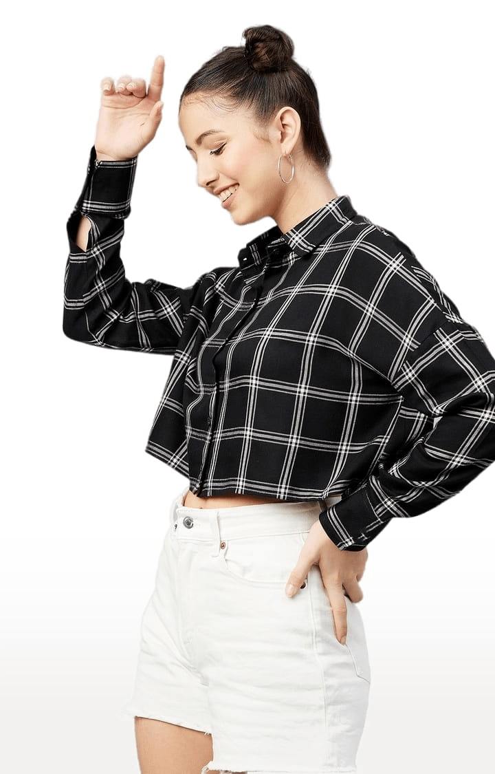 Women's Black and White Viscose Checked Crop Shirt