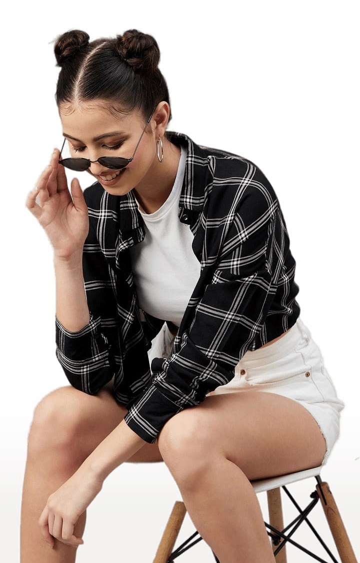 Women's Black and White Viscose Checked Crop Shirt