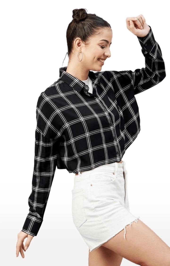 Women's Black and White Viscose Checked Crop Shirt