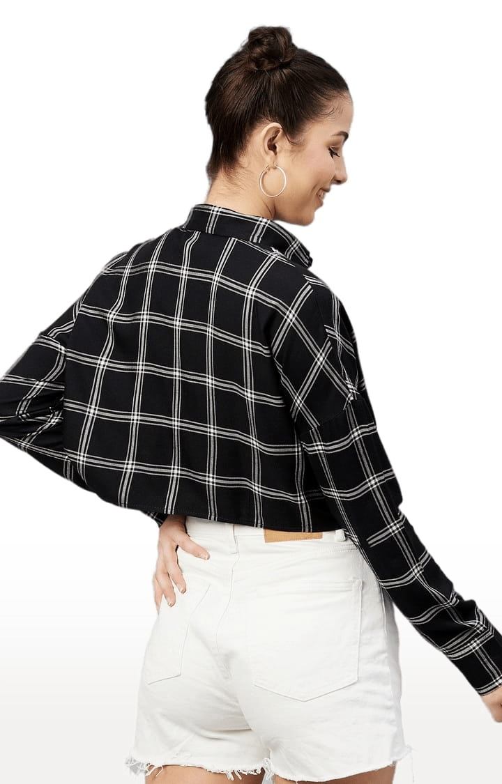 Women's Black and White Viscose Checked Crop Shirt