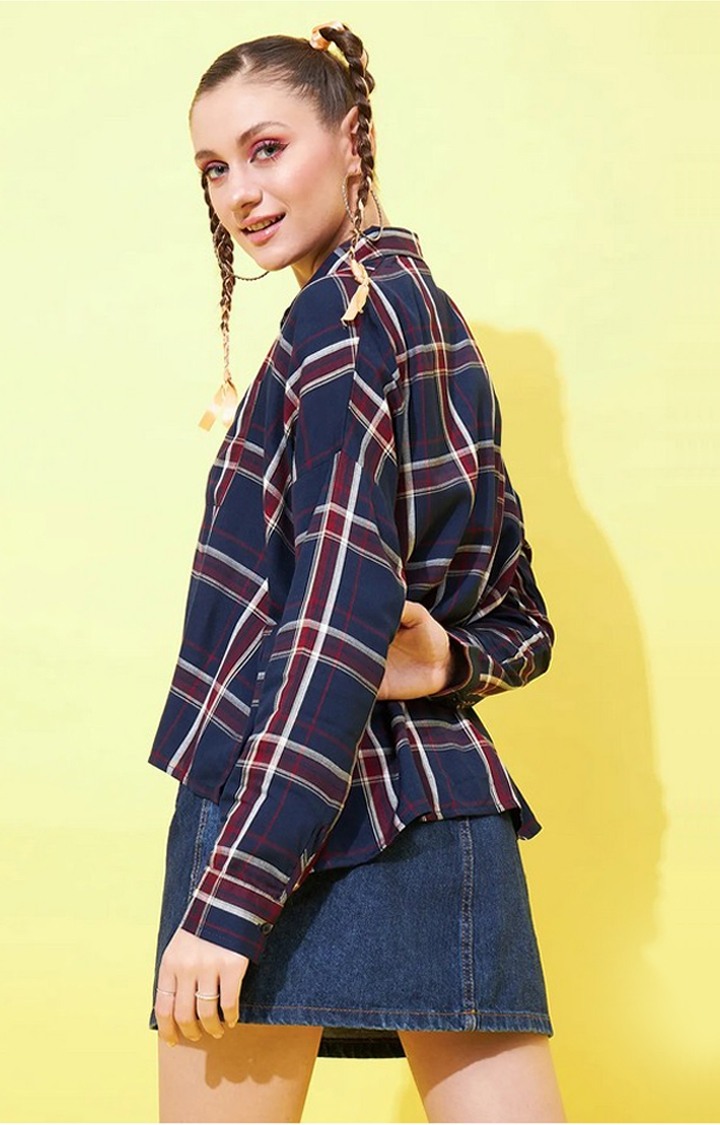 Women's Navy Blue and Maroon Loose Fit Shirt