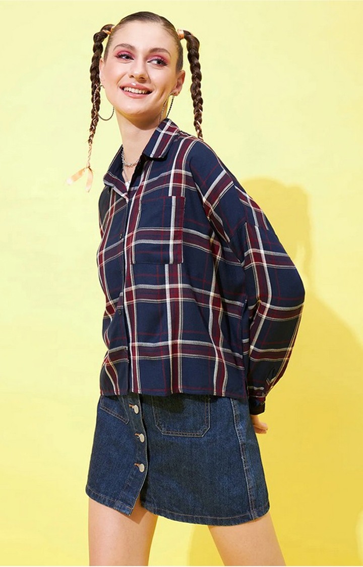 Women's Navy Blue and Maroon Loose Fit Shirt