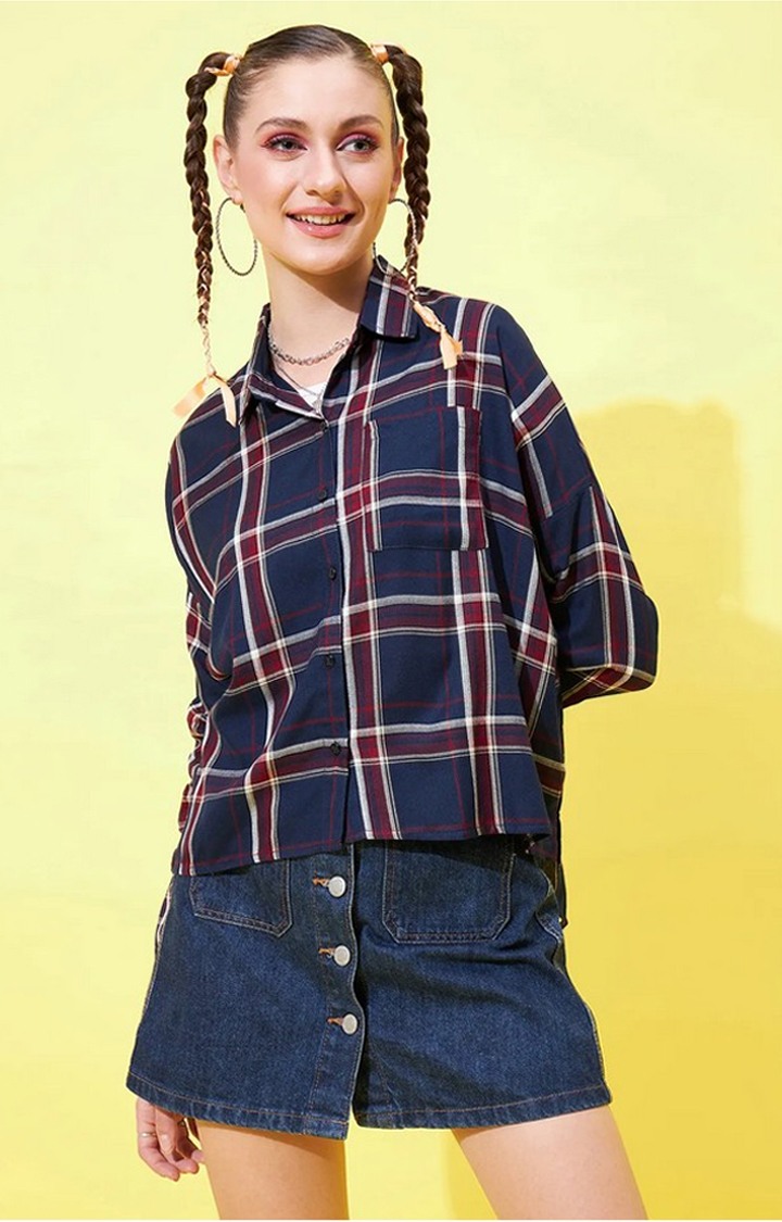 Women's Navy Blue and Maroon Loose Fit Shirt