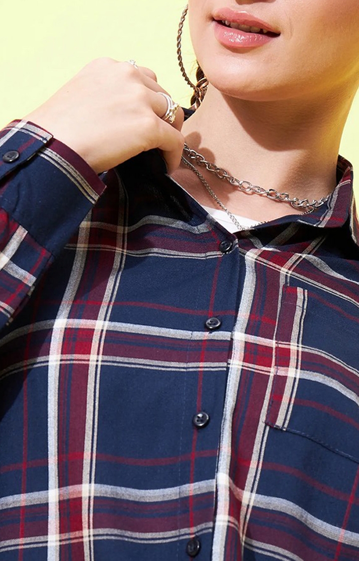 Women's Navy Blue and Maroon Loose Fit Shirt