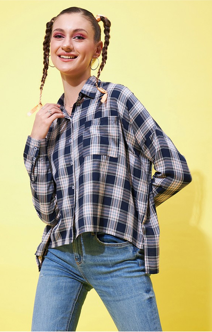 Women's Navy Blue & Pink Loose Fit Oversized Shirt