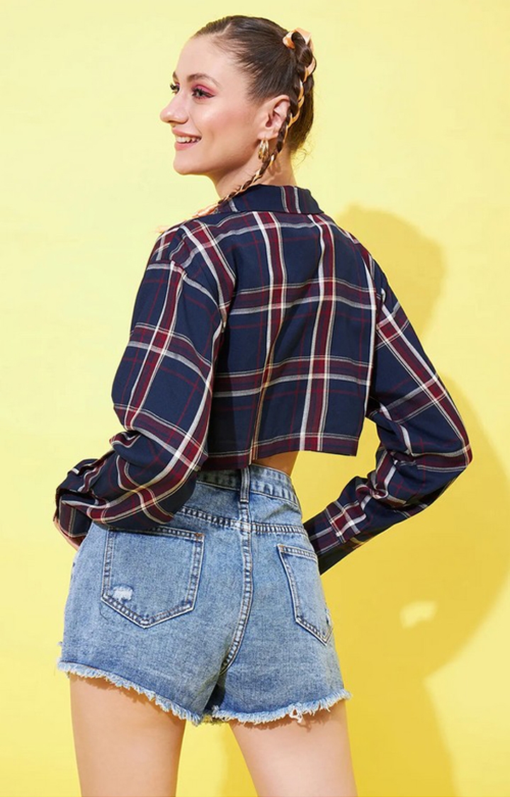 Women's Navy Blue & Maroon Fully Cropped Shirt