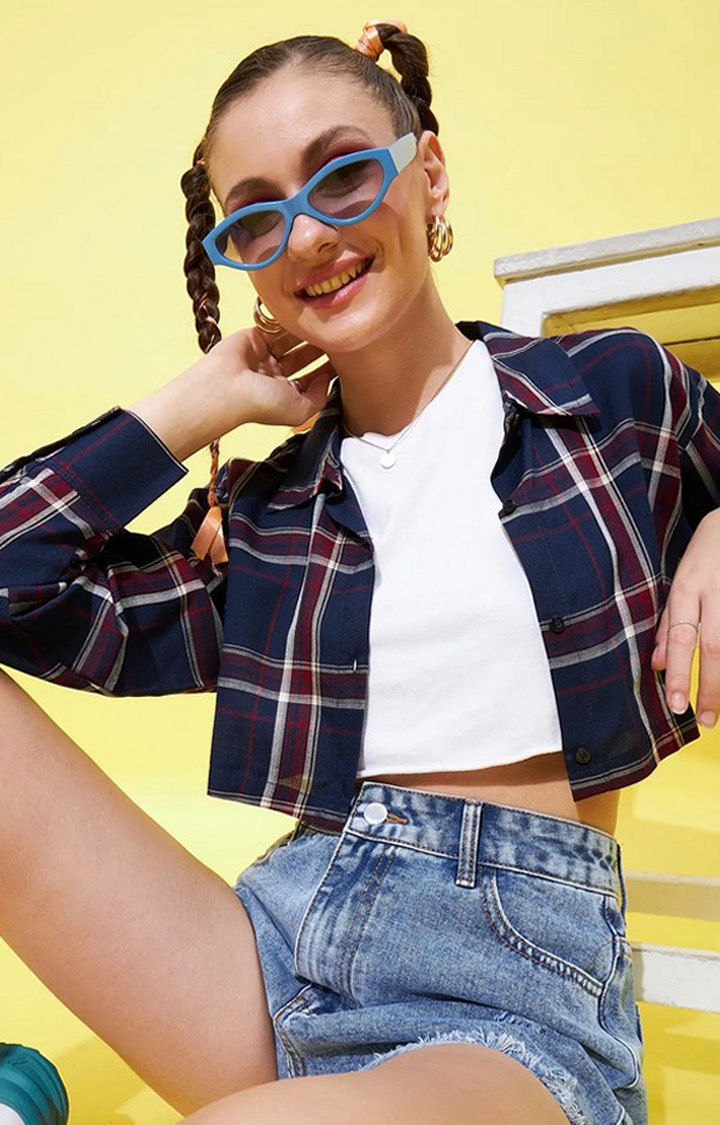 Women's Navy Blue & Maroon Fully Cropped Shirt