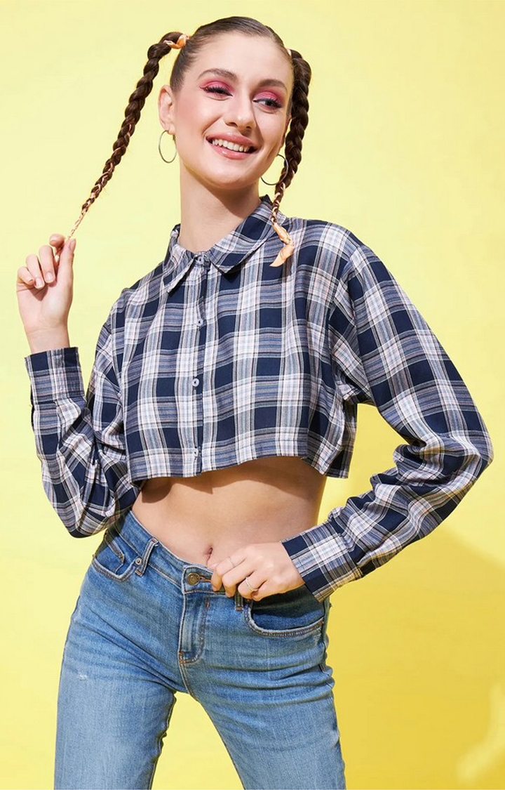 Women's Navy Blue & Pink Fully Cropped Shirt