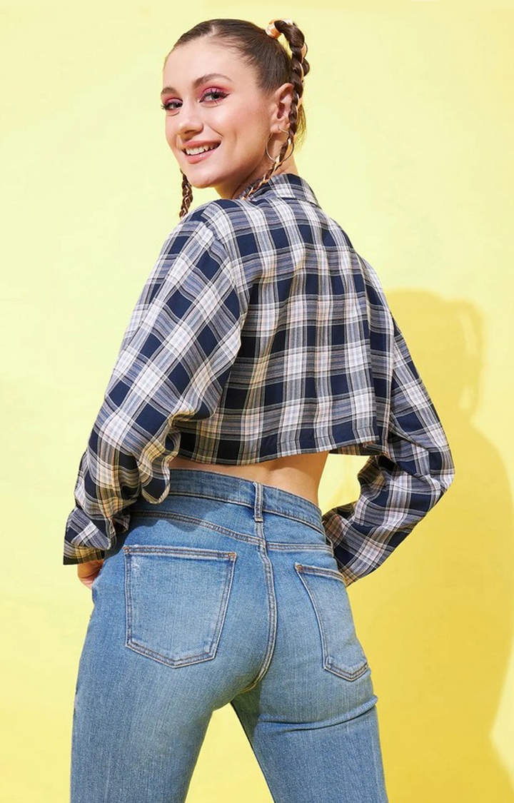 Women's Navy Blue & Pink Fully Cropped Shirt