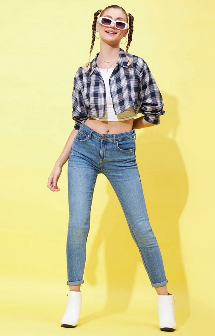 Women's Navy Blue & Pink Fully Cropped Shirt