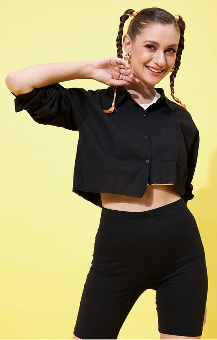 Women's Black Up-Down Fully Cropped Shirt