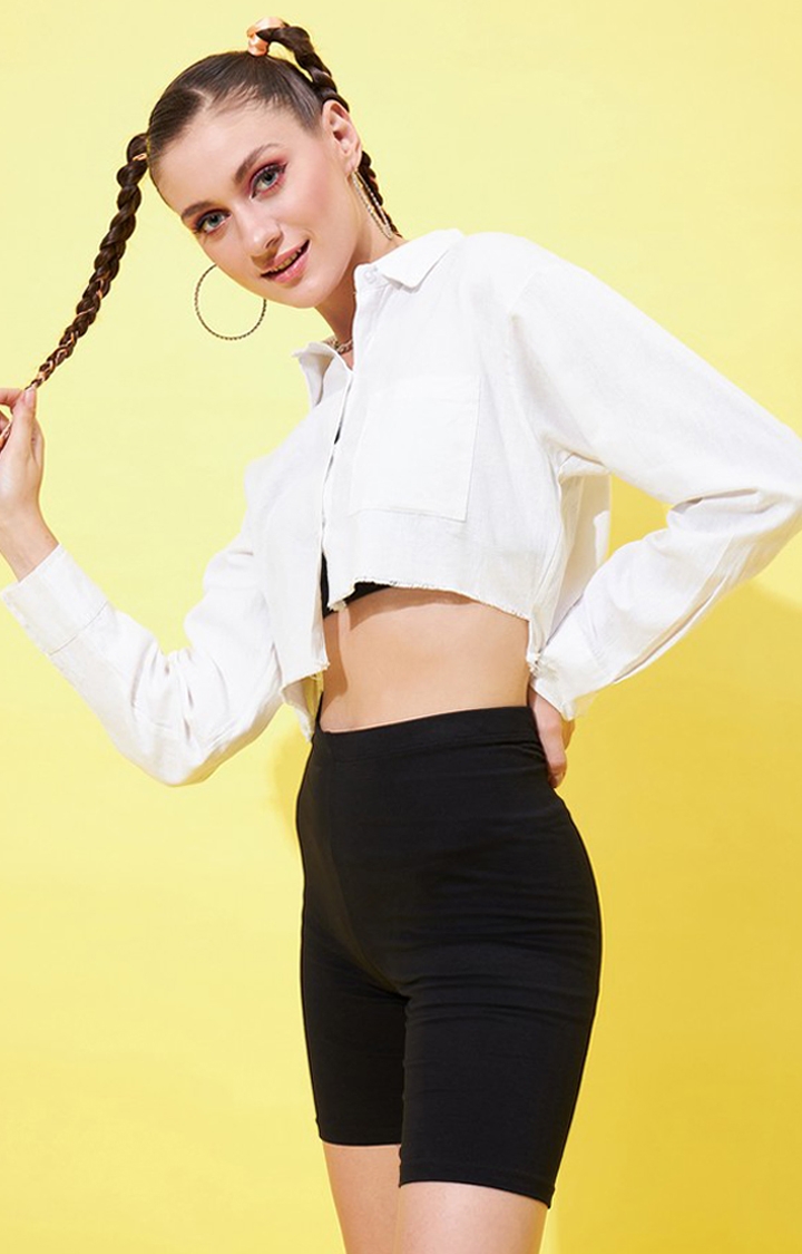 Women's White Up-down Fully Cropped Shirt