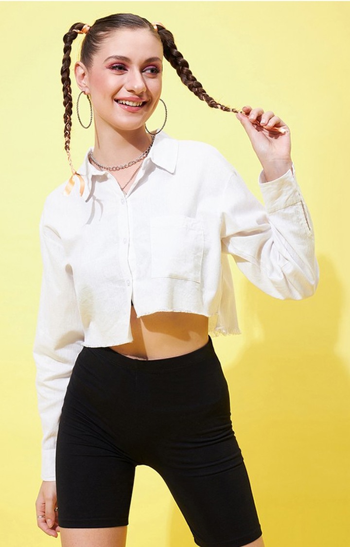 Women's White Up-down Fully Cropped Shirt