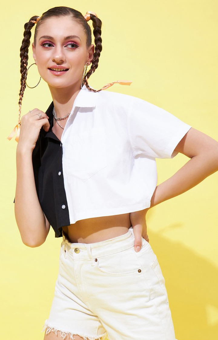 Women's Black & White Half Sleeve Crop Shir
