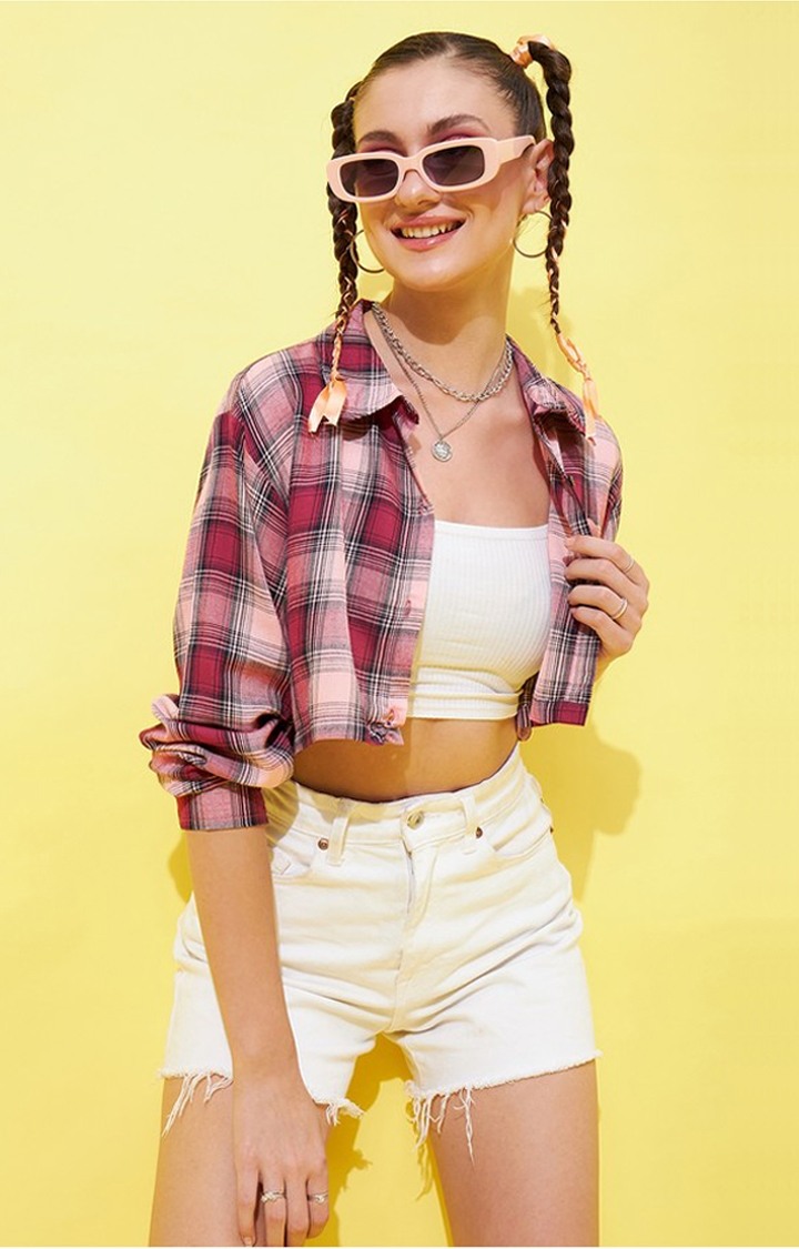 Women's Pink & Black Fully Cropped Shirt
