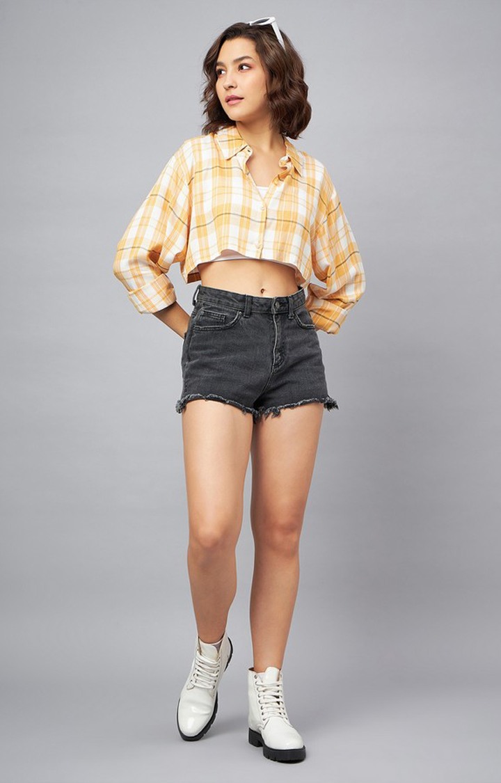 Chimpaaanzee Women Yellow & White Oversized Cropped Shirt