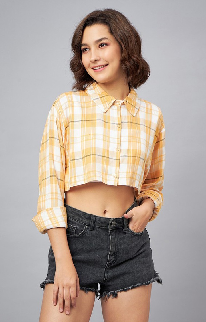 Chimpaaanzee Women Yellow & White Oversized Cropped Shirt