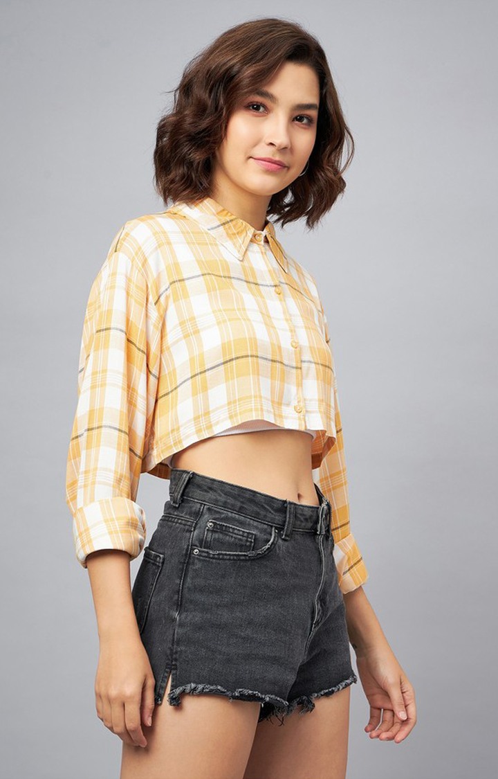 Chimpaaanzee Women Yellow & White Oversized Cropped Shirt