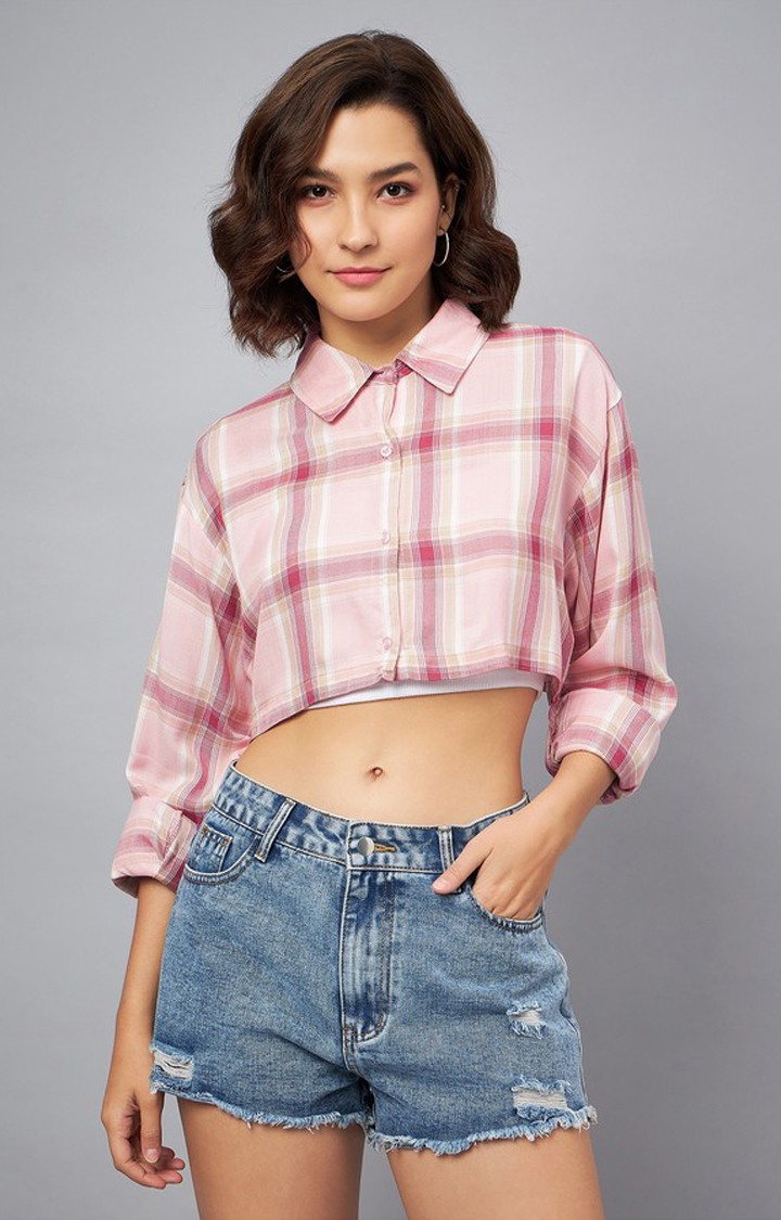 Chimpaaanzee Women Pink & Wine Oversized Cropped Shirt
