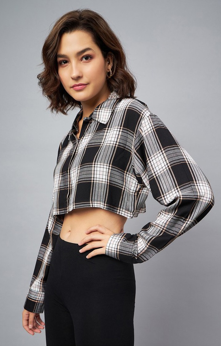Chimpaaanzee Women Black & White Oversized Cropped Shirt