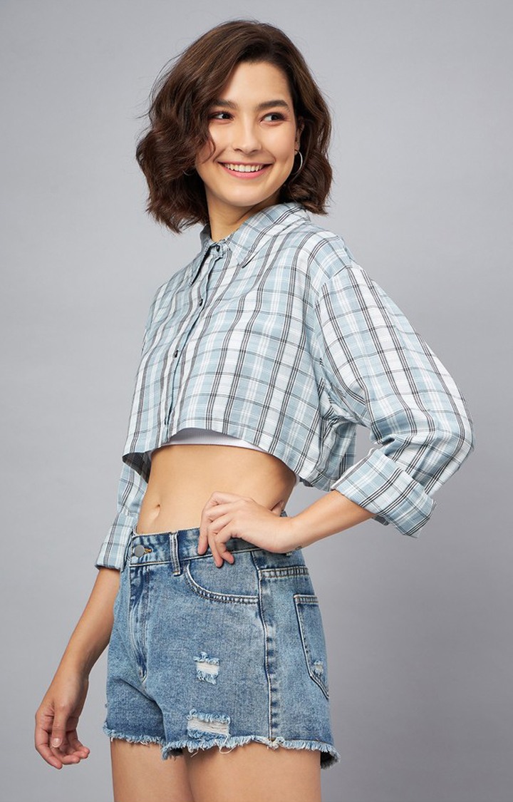Chimpaaanzee Women Grey & Blue Oversized Cropped Shirt