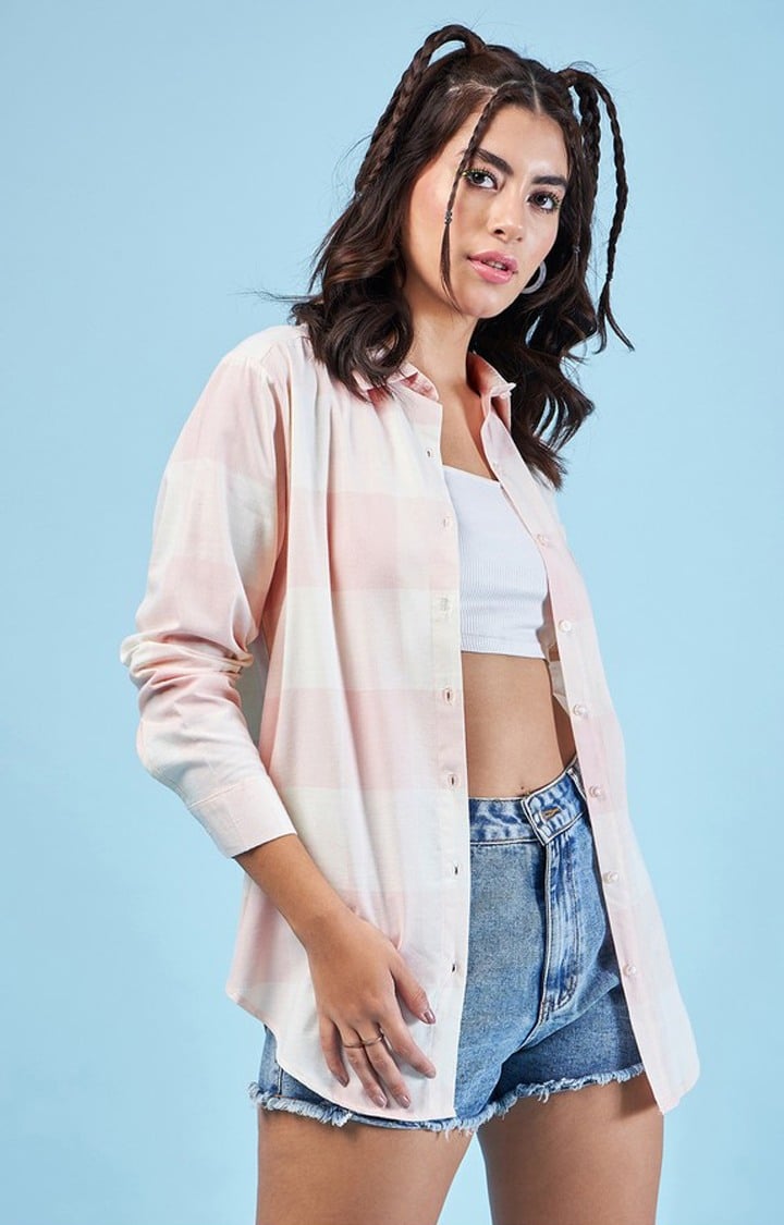 Chimpaaanzee Women Beige & Pink Oversized Shirt