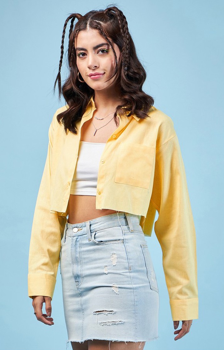 Chimpaaanzee Women Yellow Crop Oversized Shirt