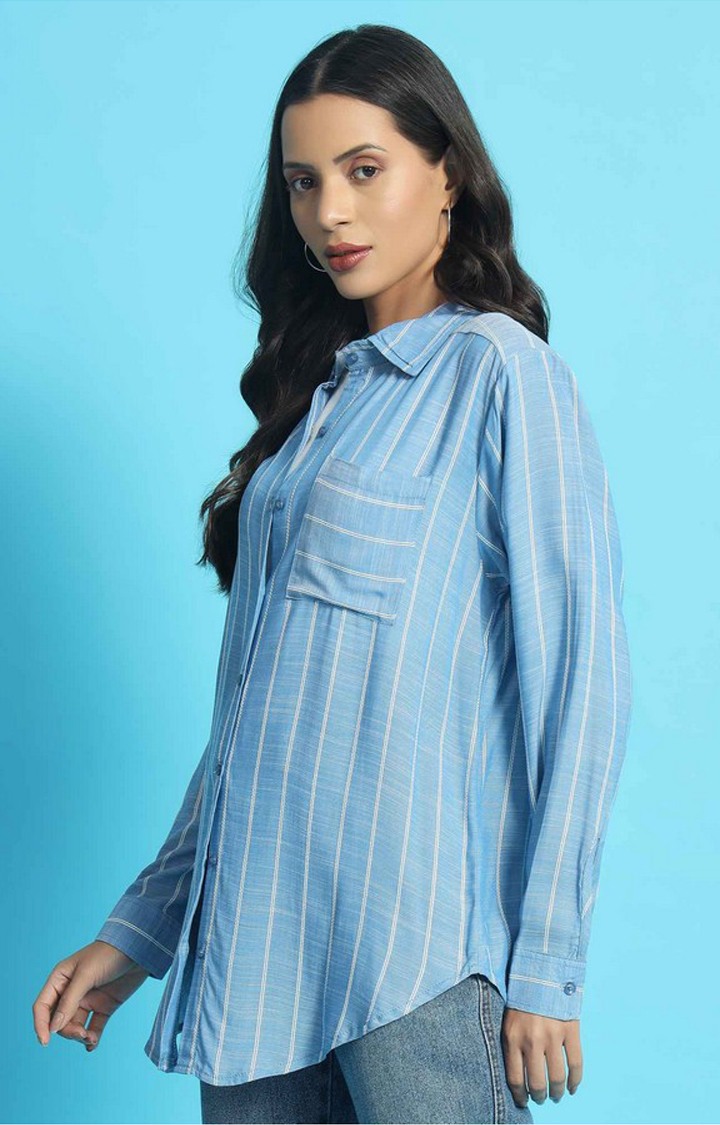 Chimpaaanzee Women Blue & White Oversized Shirt