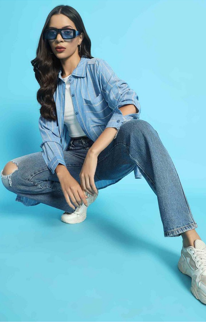 Chimpaaanzee Women Blue & White Oversized Shirt