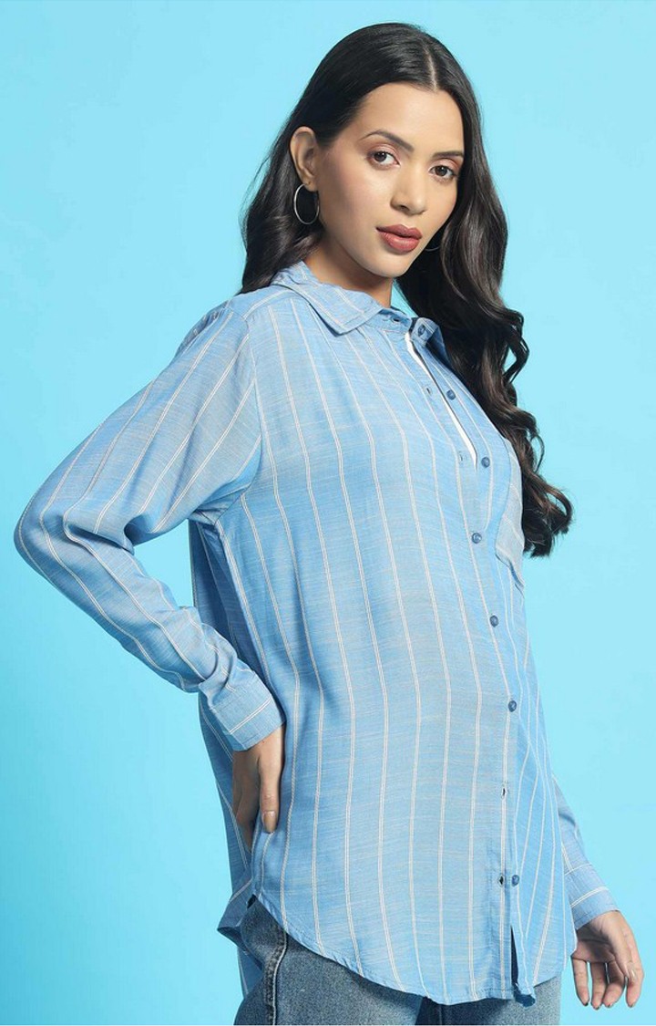 Chimpaaanzee Women Blue & White Oversized Shirt