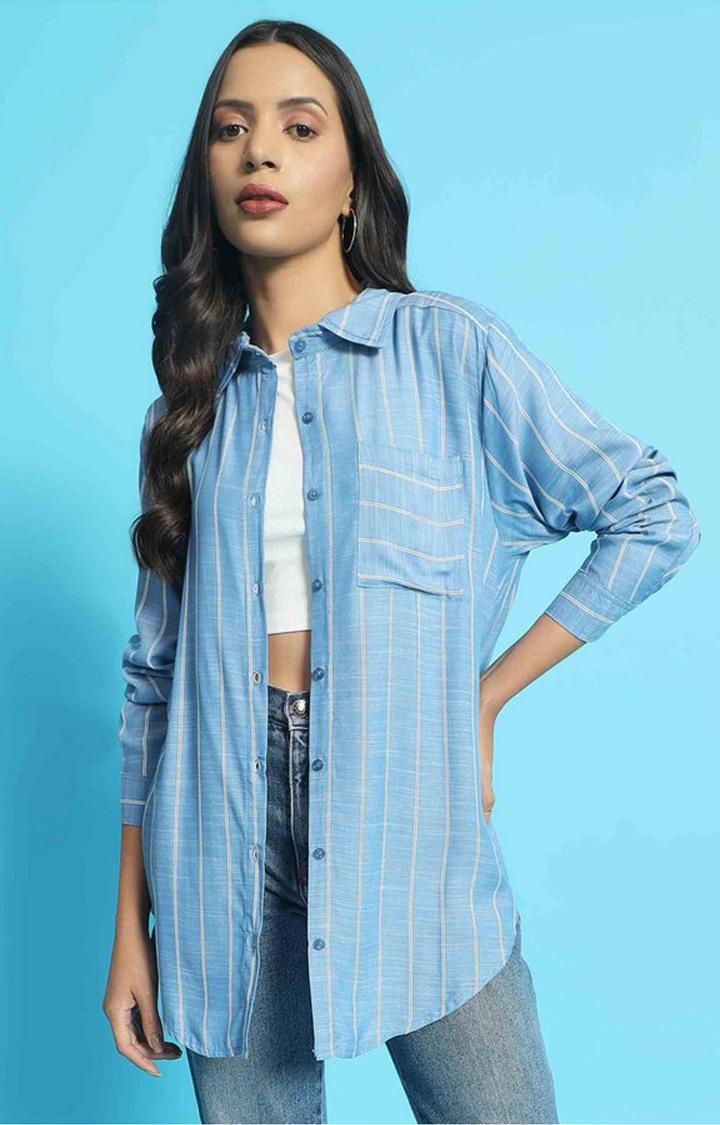 Chimpaaanzee Women Blue & White Oversized Shirt
