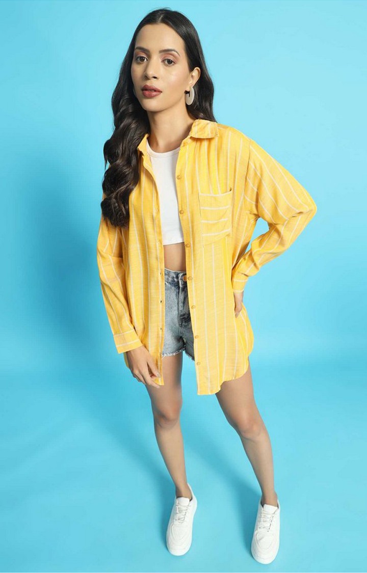 Chimpaaanzee Women Yellow & White Oversized Shirt