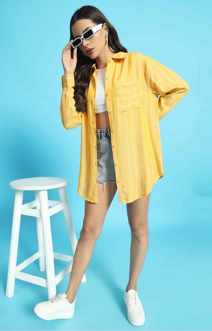 Chimpaaanzee Women Yellow & White Oversized Shirt
