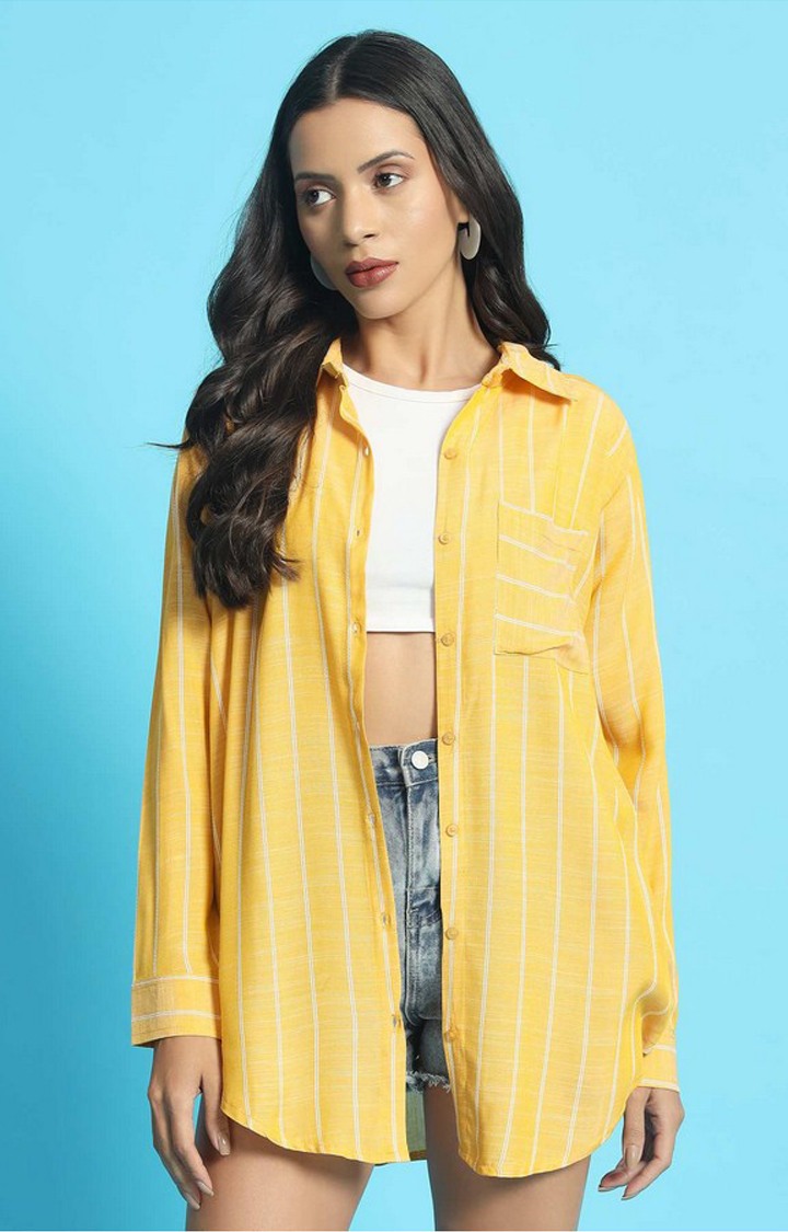 Chimpaaanzee Women Yellow & White Oversized Shirt