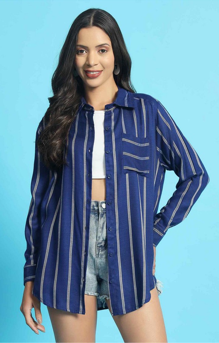 Chimpaaanzee Women Navy & White Oversized Shirt