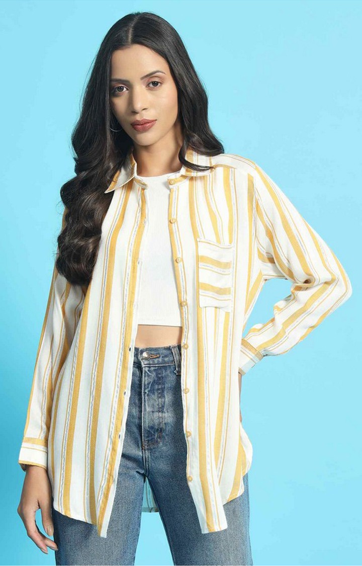 Chimpaaanzee Women White & Yellow Oversized Shirt