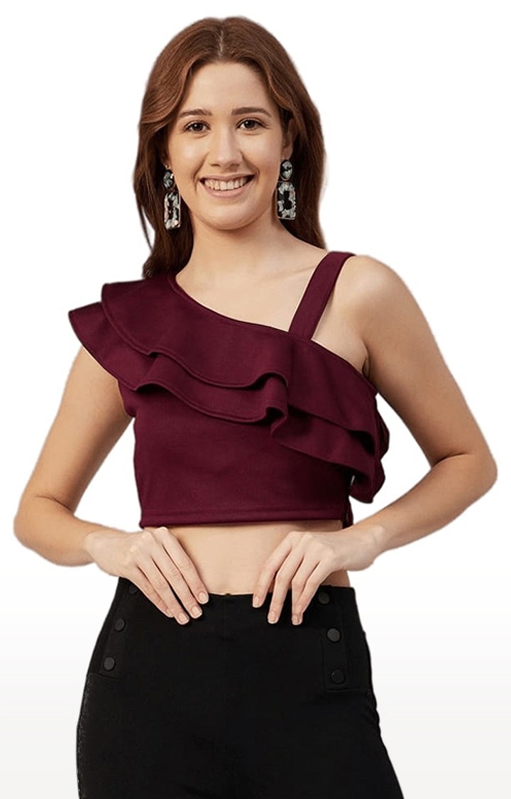 Women's Maroon Polyester Solid Crop Top