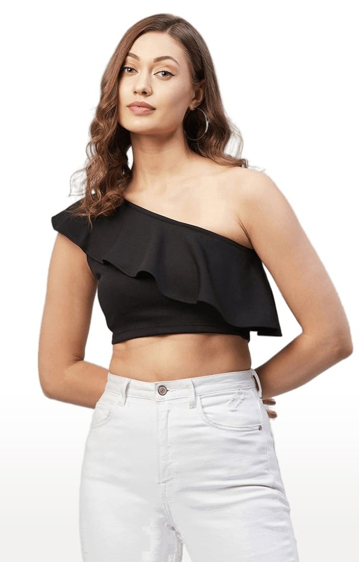 Women's Black Polyester Solid Crop Top