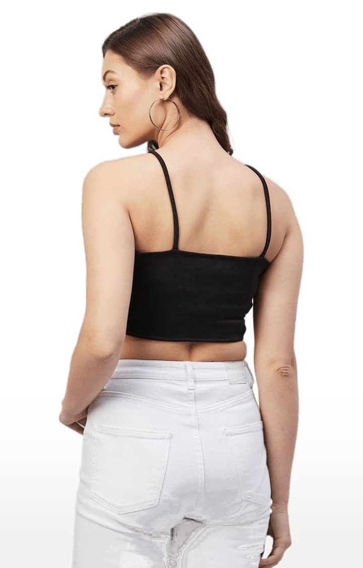 Women's Black Polyester Solid Crop Top