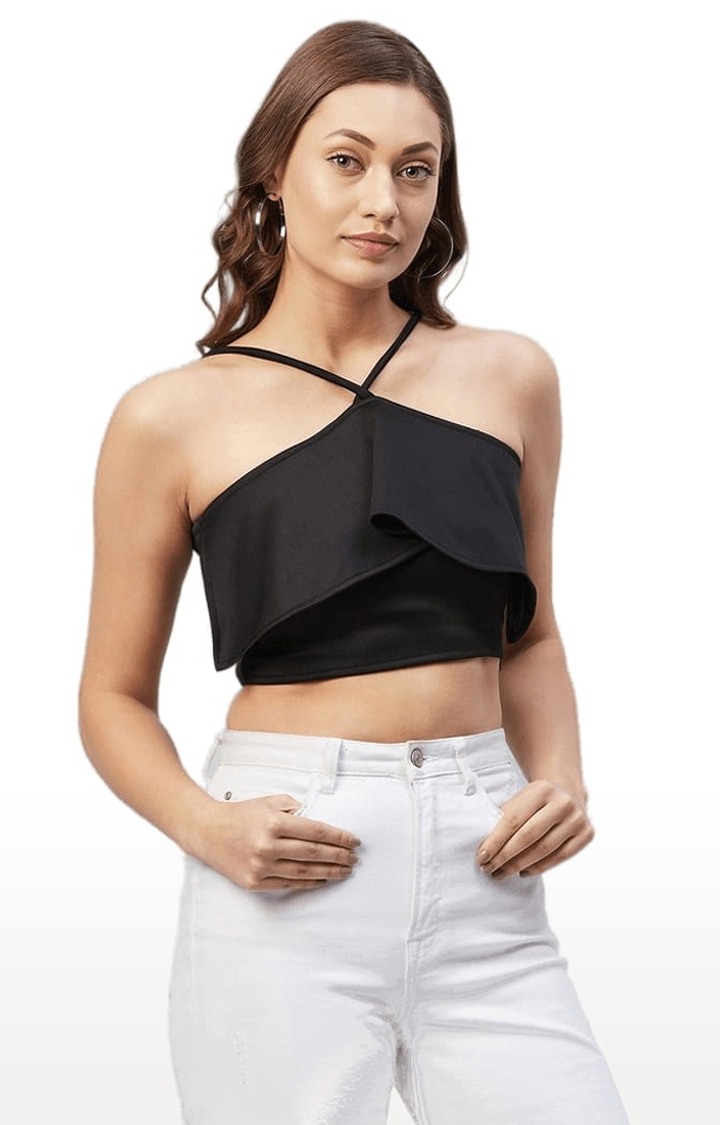 Women's Black Polyester Solid Crop Top