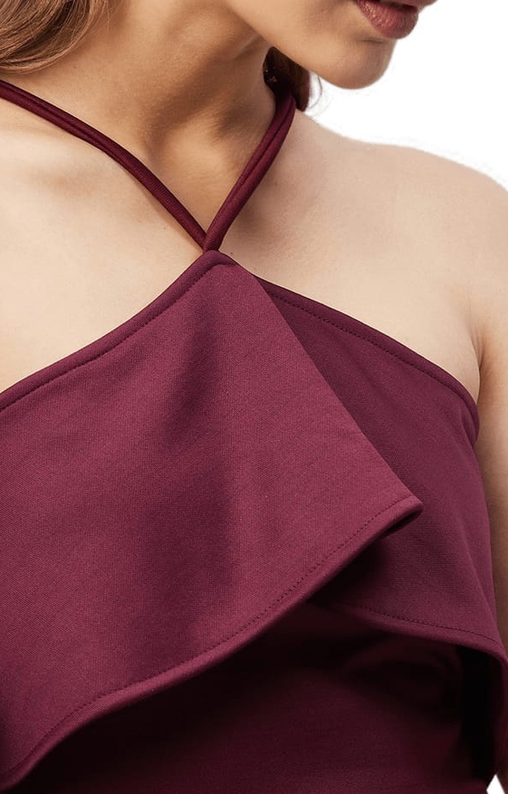 Women's Maroon Polyester Solid Crop Top