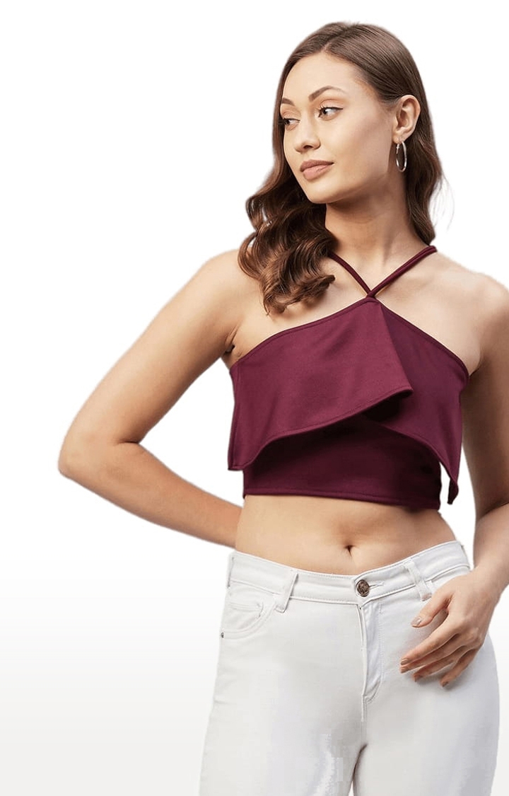 Women's Maroon Polyester Solid Crop Top