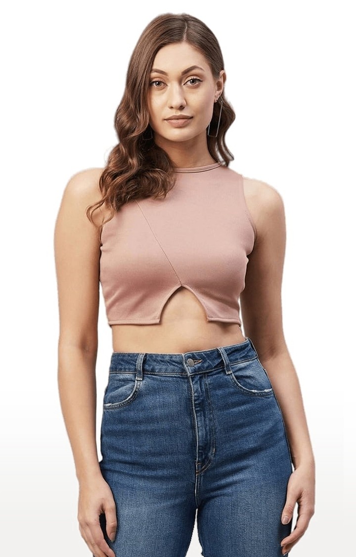 Women's Pink Polyester Solid Crop Top
