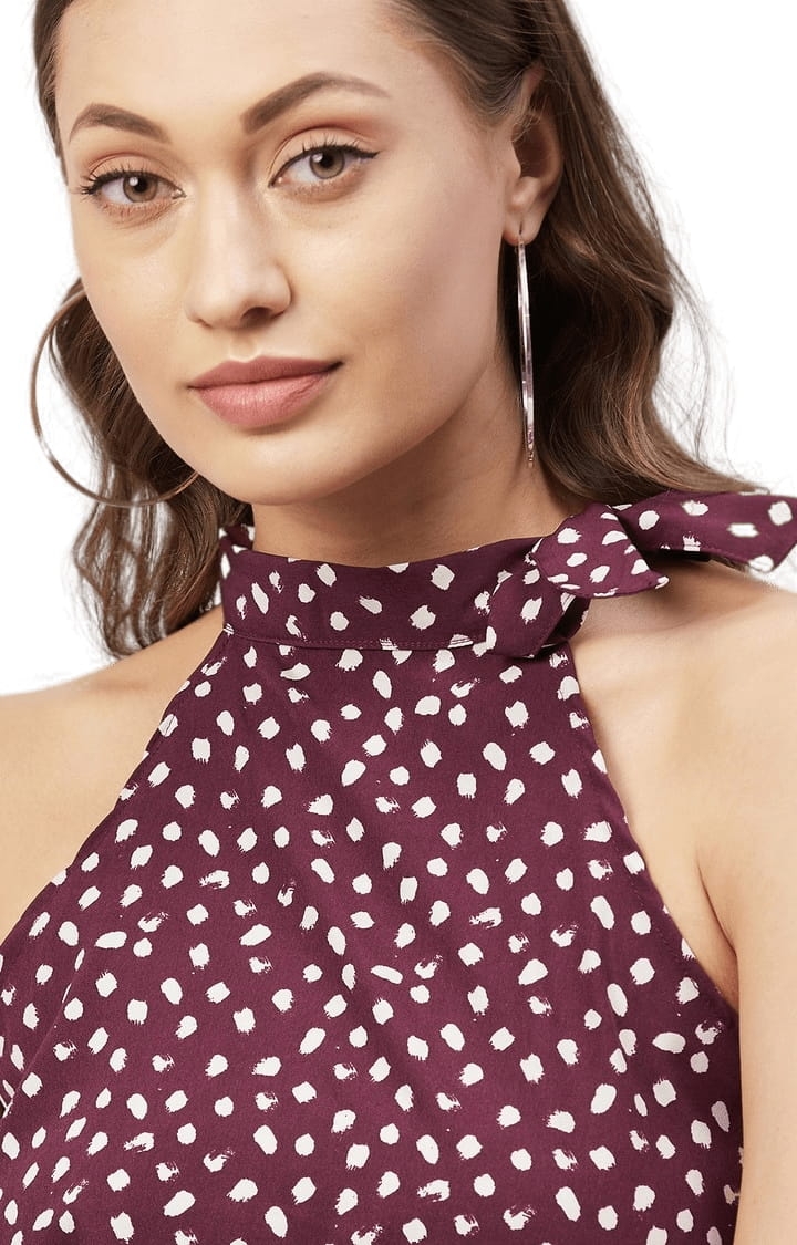 Women's Maroon Polyester Printed Blouson Top