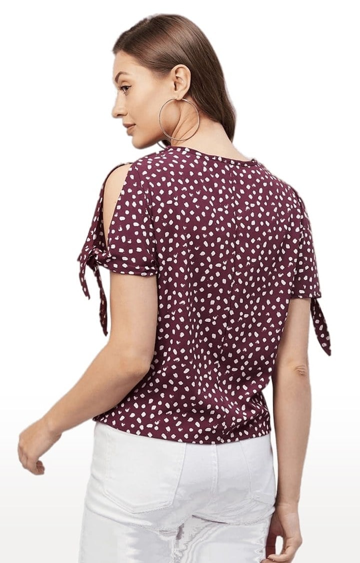 Women's Maroon Polyester Printed Blouson Top