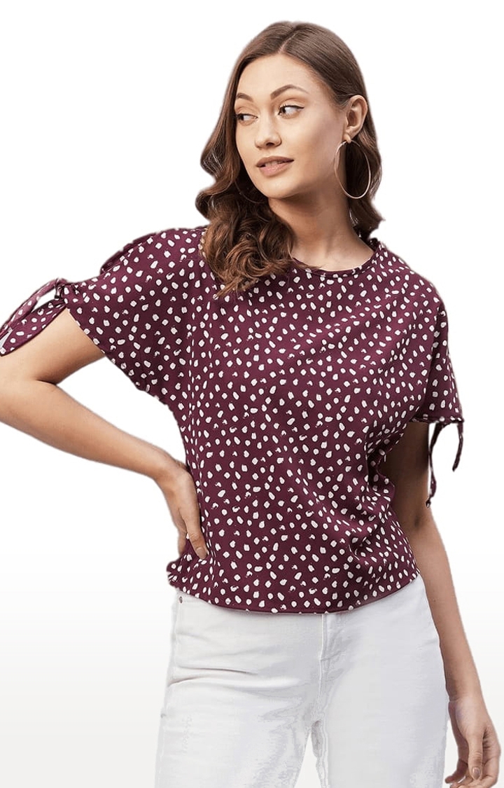 CHIMPAAANZEE | Women's Maroon Polyester Printed Blouson Top