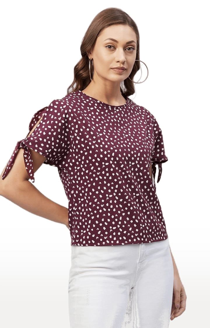 Women's Maroon Polyester Printed Blouson Top