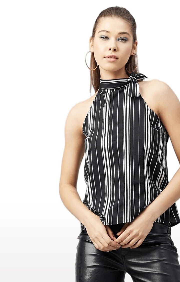Women's Black and White Crepe Striped Blouson Top