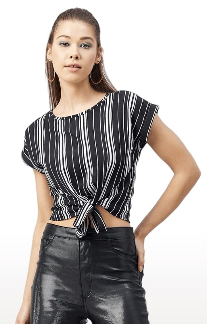 Women's Black and White Crepe Striped Blouson Top